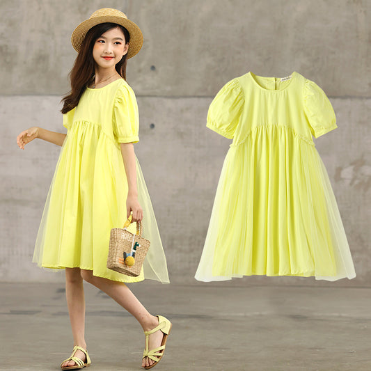 Hot Selling Summer Kids Girls French Style Solid Color Yellow Pure Cotton Short Sleeves Dress