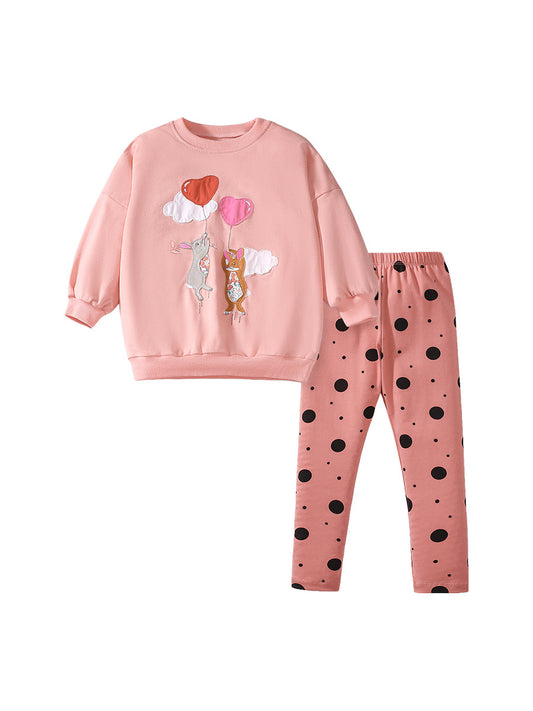 Spring and Autumn Girls Cartoon Rabbit and Balloon Pattern Long Sleeves Crew Neck Top Sweatshirt and Polka Dots Pants Clothing Set, MyKids-USA®, Baby & Toddler Outfits, MyKids-USA - Size/Age - 90 (12-24M) - Color - Pink -  -  - TR2407311407-A