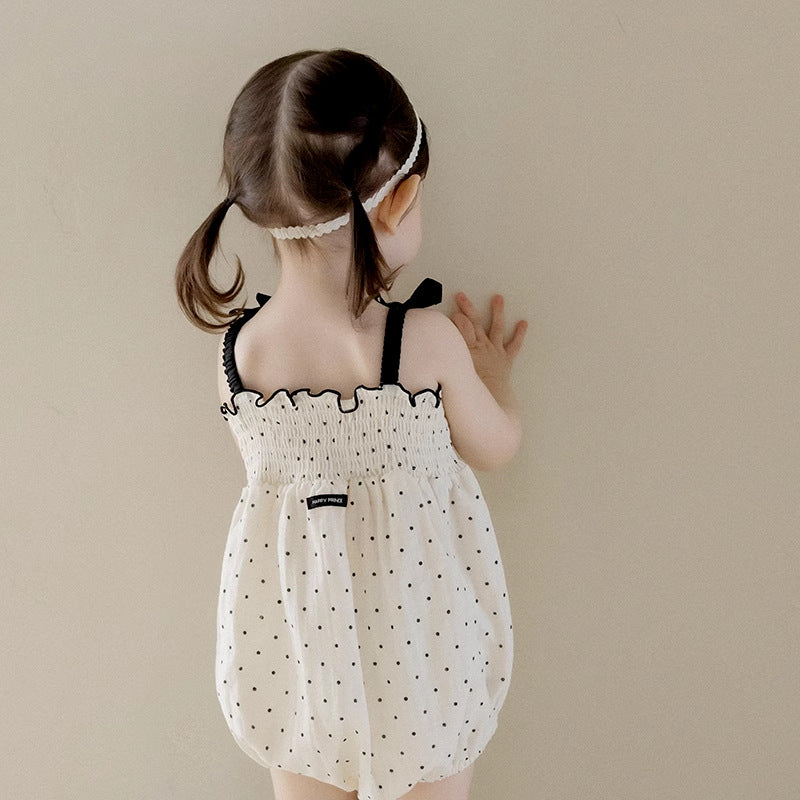 Summer Arrival Baby Girls Cute Dots Pattern Sleeveless Pleated Strap Onesies, MyKids-USA®, Baby One-Pieces, MyKids-USA -  -  -  -  -  -  - 