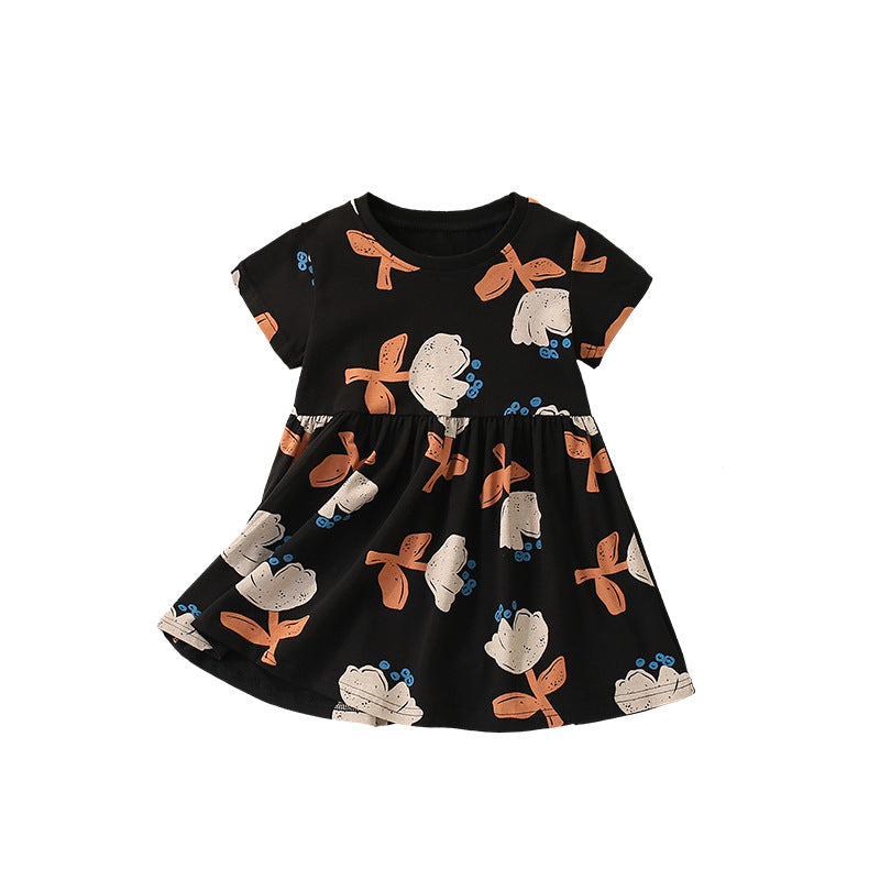 Summer Arrival Flowers Painting Pattern Short Sleeves Dress for Stylish Girls, MyKids-USA®, Baby & Toddler Dresses, MyKids-USA - Size/Age - 100 (2-3Y) - Color - Black -  -  - TR2505101811-A