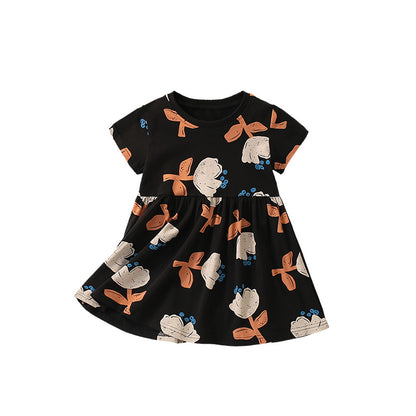 Summer Arrival Flowers Painting Pattern Short Sleeves Dress for Stylish Girls, MyKids-USA®, Baby & Toddler Dresses, MyKids-USA - Size/Age - 100 (2-3Y) - Color - Black -  -  - TR2505101811-A