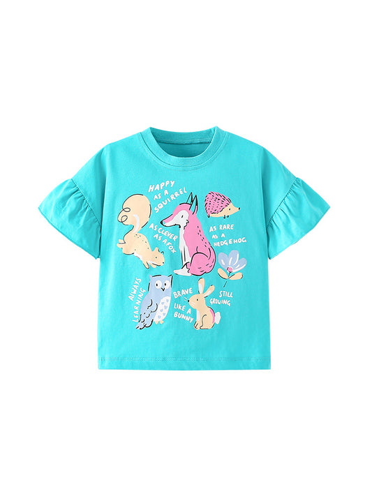 Girls’ Animals Cartoon Print Short Flared Sleeves T-Shirt In European And American Style For Summer