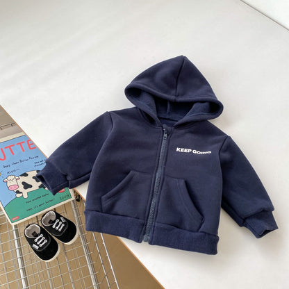 Arrival Baby Kids Unisex Letters Print Zip-up Hooded Thick Coat, MyKids-USA®, Baby & Toddler Outerwear, MyKids-USA - Size/Age - 73 (6-9M) - Color - Navy Blue (Dark Blue) -  -  - TR2411061701-B