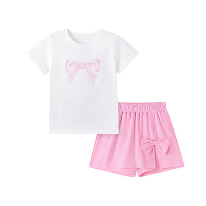 Summer Hot Selling Baby Kids Girls Short Sleeves Butterfly-bow Pattern T-shirt and Shorts Clothing Set
