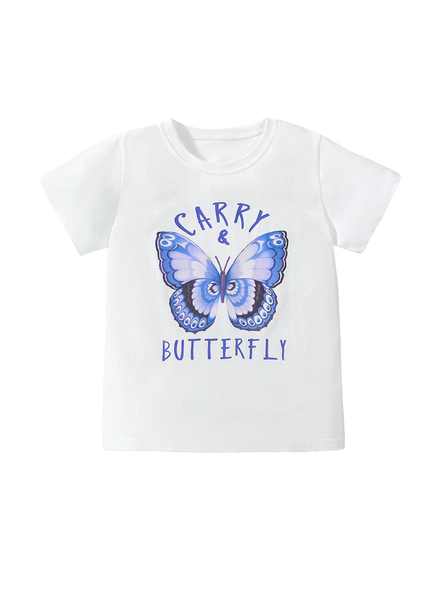 Crew Neck Cartoon And Words Print Girls’ T-Shirt In European And American Style For Summer