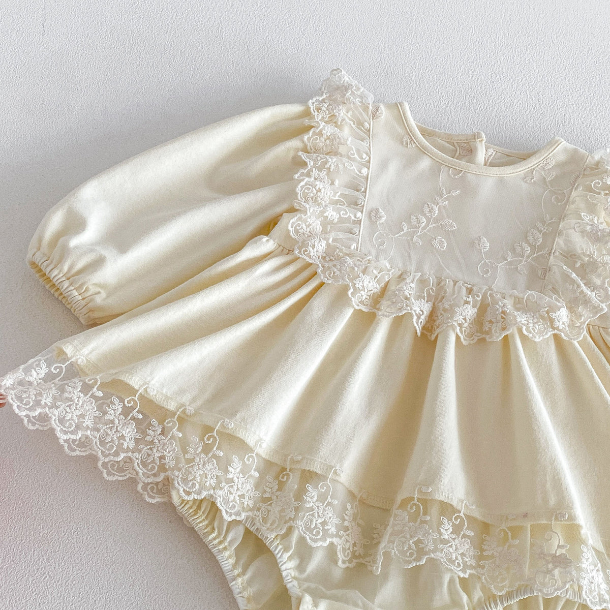 MyKids-USA® Baby Girls Long Sleeves Solid Color Lace Trim Bodysuit Dress