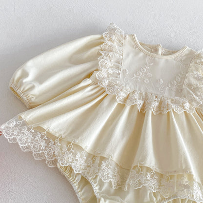 MyKids-USA® Baby Girls Long Sleeves Solid Color Lace Trim Bodysuit Dress