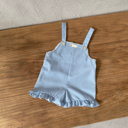 Summer Arrival Baby Girls Sleeveless Embroidery Pattern Lace Trim Overalls
