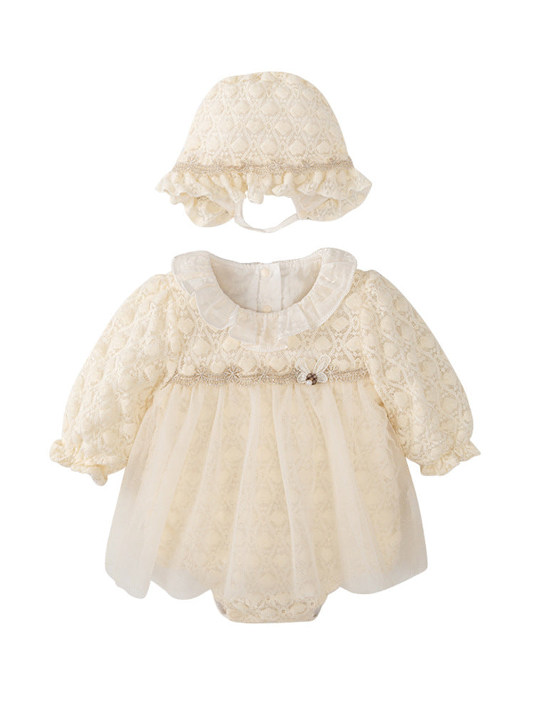 Autumn Tulle Dress Design Baby Girls Beige Geometric and Heart Pattern Long Sleeves Onesies with Princess Collar and Hat, MyKids-USA®, Baby One-Pieces, MyKids-USA - Size/Age - 66 (3-6M) - Color - Beige -  -  - TR2408062207-A
