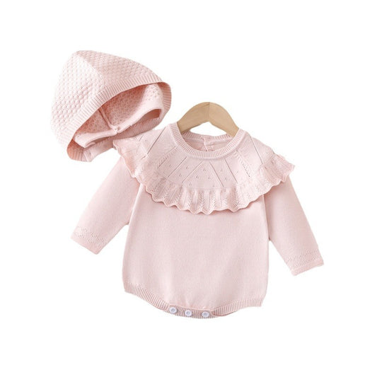 Autumn Design Baby Girls Solid Color Long Sleeves Hollow Out Big Collar Knitted Onesies And Hat, MyKids-USA®, Baby One-Pieces, MyKids-USA - Size/Age - 66 (3-6M) - Color - Pink -  -  - TR2407141221-A
