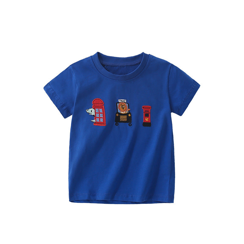 Summer Boys’ English Elements and Animals Cartoon Pattern T-shirt in European and American Style, MyKids-USA®, T-Shirts, MyKids-USA - Size/Age - 110 (3-5Y) - Color - Blue -  -  - TR2506302058-A