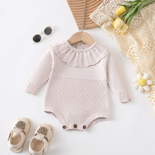 Autumn Design Baby Girls Solid Color Long Sleeves Hollow Out Ruffle Collar Knitted Onesies, MyKids-USA®, Baby One-Pieces, MyKids-USA - Size/Age - 66 (3-6M) - Color - Pink -  -  - TR2407141245-A