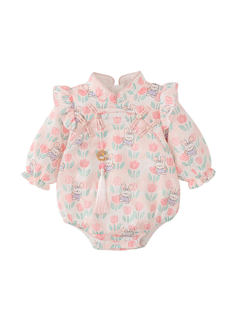 Autumn Arrival Baby Girls Flowers and Rabbits Pattern Long Sleeves Onesies with Stand Collar, MyKids-USA®, Baby One-Pieces, MyKids-USA -  -  -  -  -  -  - 