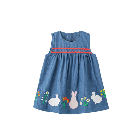 Baby Rabbit Embroidered Pattern Sleeveless Denim Dress