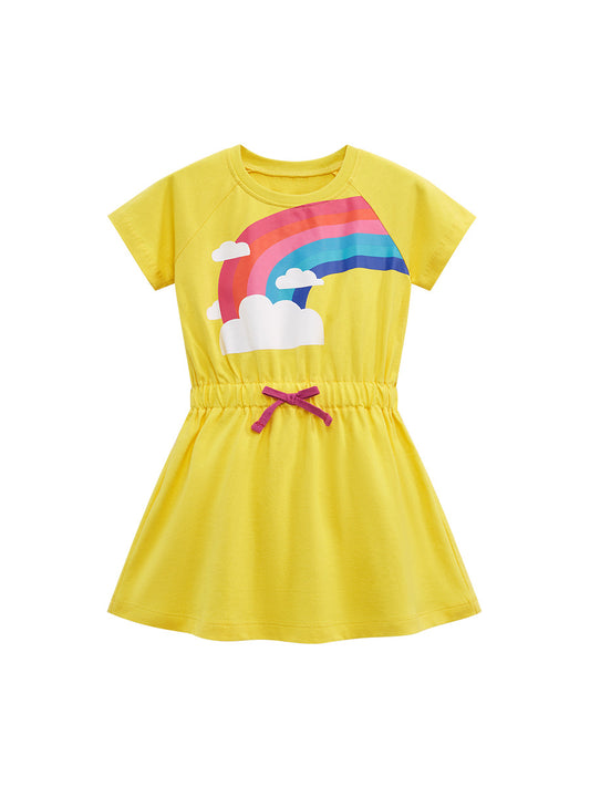 Baby Kids Girls Crew Neck Rainbow Clouds Print Short Sleeves Dress, MyKids-USA®, Baby & Toddler Dresses, MyKids-USA - Size/Age - 90 (12-24M) - Color - Yellow -  -  - TR2401151533-A