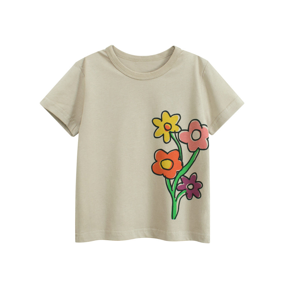 Summer Girls’ Cartoon Flowers Printed T-shirt in European and American Style, MyKids-USA®, Baby & Toddler Tops, MyKids-USA - Size/Age - 90 (12-24M) - Color - Khaki -  -  - TR2504222020-A