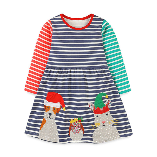 Christmas Cartoon Animal Patchwork Dress: Girls’ Striped Long Dress For Toddlers And Babies