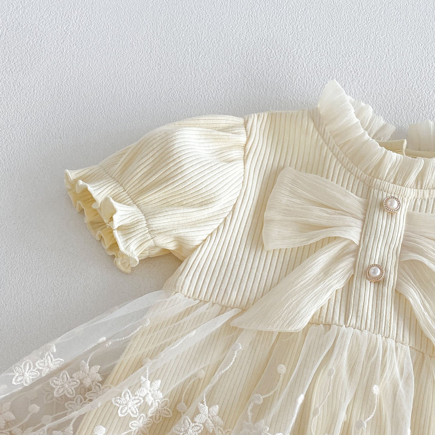 Design Summer Baby Kids Girls Short Sleeves Flowers Embroidery Pattern Tulle Bodysuit Dress