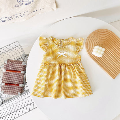 New Arrival Summer Baby Girls Plaid Fly Sleeves Dress With Bow