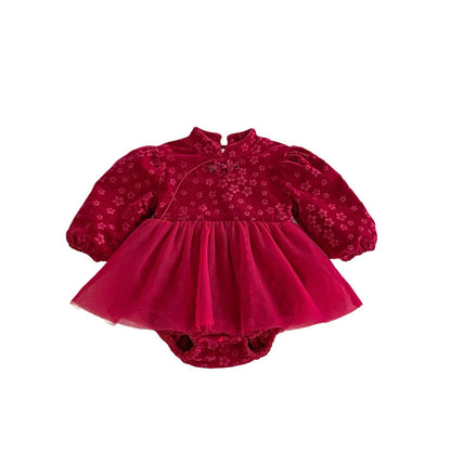 Winter Arrival Baby Girls Cute Floral Embroidered Red Long Sleeves Tulle Onesies, MyKids-USA®, Baby One-Pieces, MyKids-USA -  -  -  -  -  -  - 