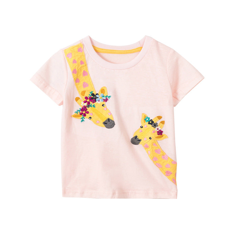 Girls’ Cartoon Floral Giraffes Pattern Short Sleeves T-Shirt In European And American Style For Summer, MyKids-USA®, Baby & Toddler Tops, MyKids-USA - Size/Age - 90 (12-24M) - Color - Pink -  -  - TR2407041738-A