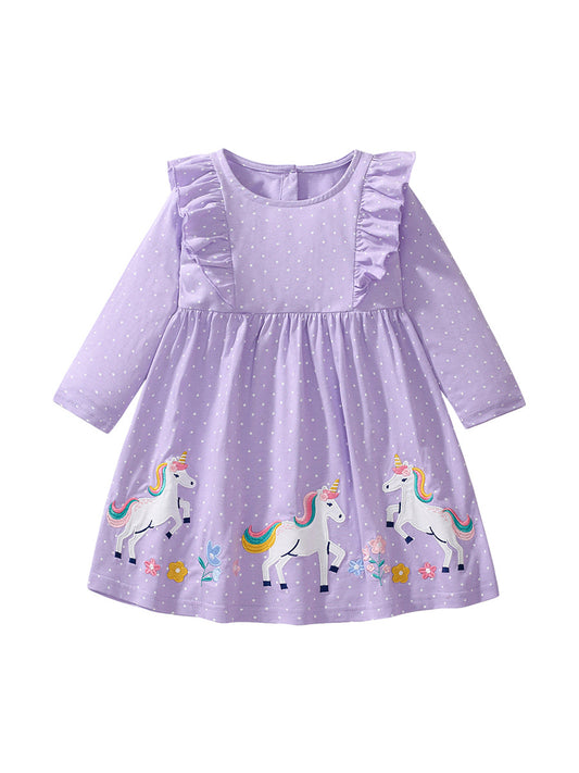 Design Autumn Girls Unicorn Cartoon And Dots Pattern Crew Neck Long Sleeves Princess Dress, MyKids-USA®, Baby & Toddler Dresses, MyKids-USA - Size/Age - 90 (12-24M) - Color - Purple -  -  - TR2407112345-A