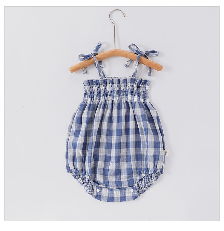 Unisex Summer New Arrival Sleeveless Simple Plaid Pattern Baby Strap And Open Front Onesies