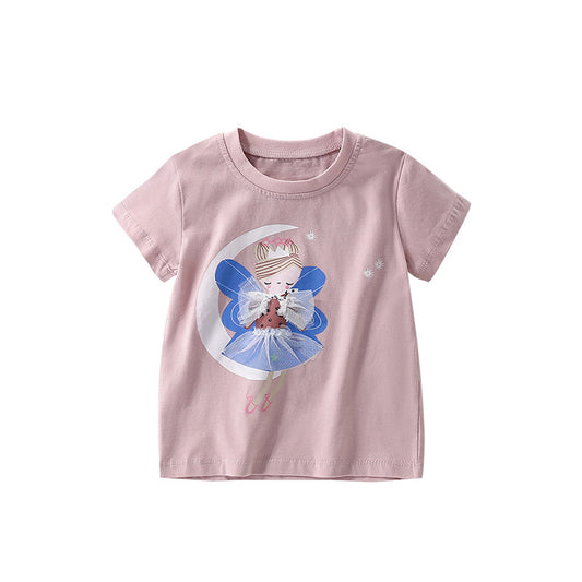 Summer Girls’ Fairy Cartoon Pattern Printed T-shirt in European and American Style, MyKids-USA®, Baby & Toddler Tops, MyKids-USA - Size/Age - 110 (3-5Y) - Color - Pink -  -  - TR2505291030-A