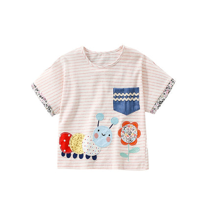 Summer Girls’ Cartoon Pattern Striped Top Shirt in European and American Style, MyKids-USA®, Baby & Toddler Tops, MyKids-USA - Size/Age - 100 (2-3Y) - Color - Beige -  -  - TR2506032037-A