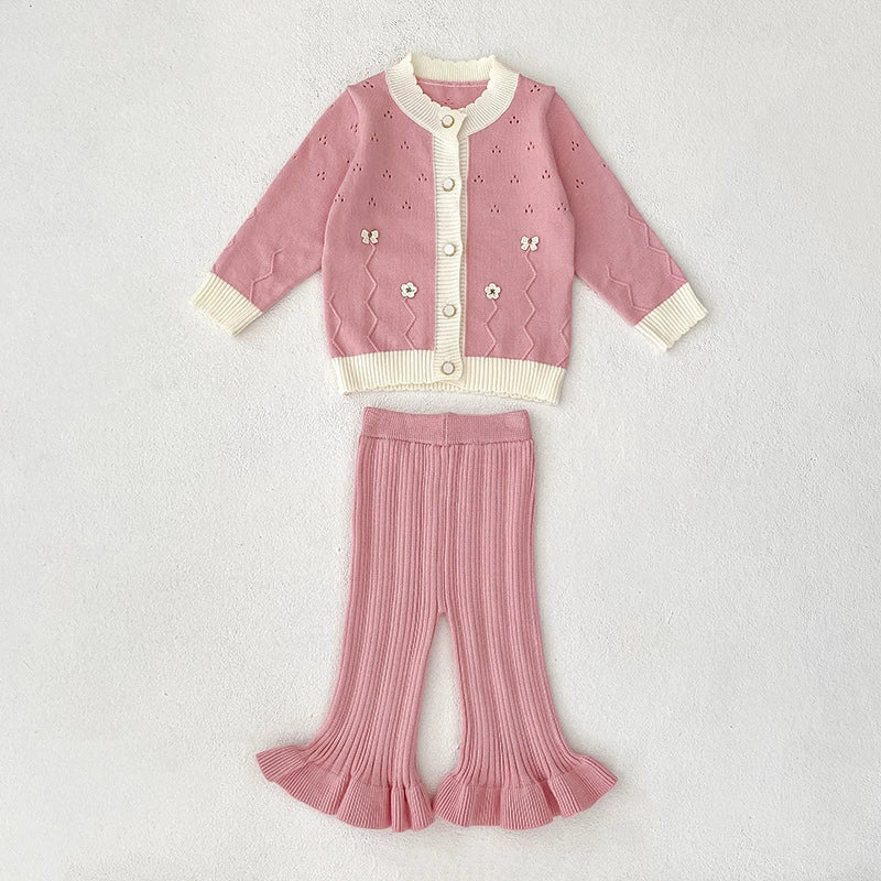 Arrival Autumn Baby Girls Long Sleeves Hollow-out and Flowers Pattern Knitted Top Cardigan and Long Trousers Clothing Set, MyKids-USA®, Baby & Toddler Outfits, MyKids-USA - Size/Age - 66 (3-6M) - Color - Pink -  -  - TR2507252104-A