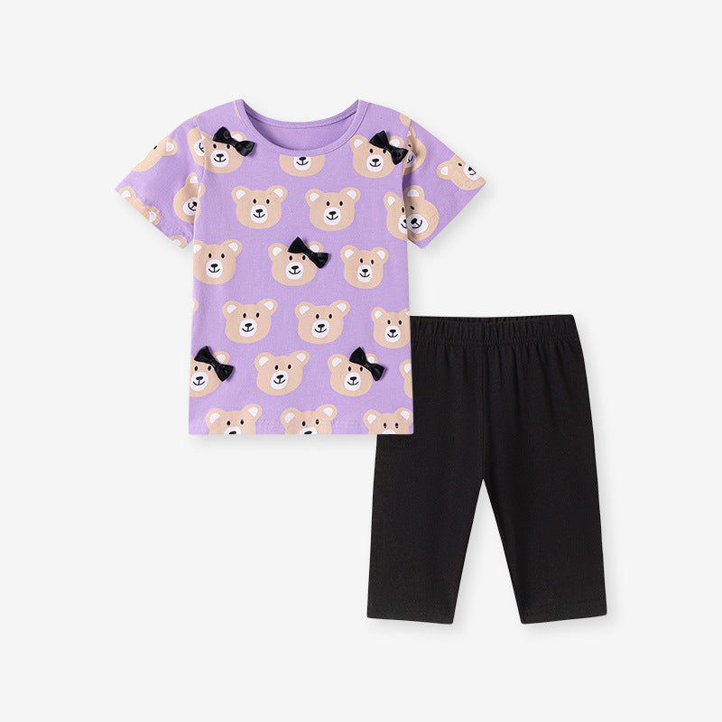 Summer Hot Selling Baby Kids Girls Short Sleeves Cartoon Pattern T-shirt and Plain Pants Clothing Set, MyKids-USA®, Baby & Toddler Outfits, MyKids-USA - Size/Age - 90 (12-24M) - Color - Purple -  -  - TR2602041430-A.