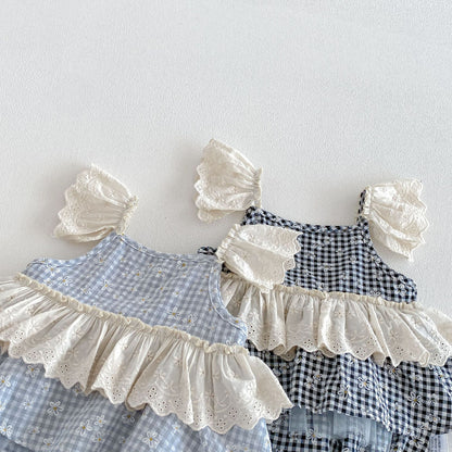 Summer Arrival Baby Girls Sleeveless Flowers and Plaid Pattern Strap Bodysuit, MyKids-USA®, Baby One-Pieces, MyKids-USA -  -  -  -  -  -  - .