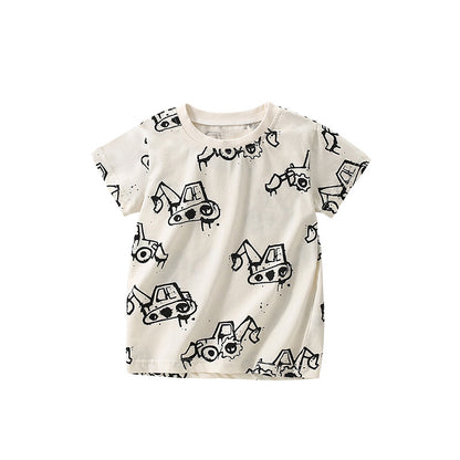 Summer Arrival Boys’ Bulldozer Cartoon Pattern T-shirt in European and American Style, MyKids-USA®, T-Shirts, MyKids-USA - Size/Age - 120 (5-7Y) - Color - White -  -  - TR2506262349-A