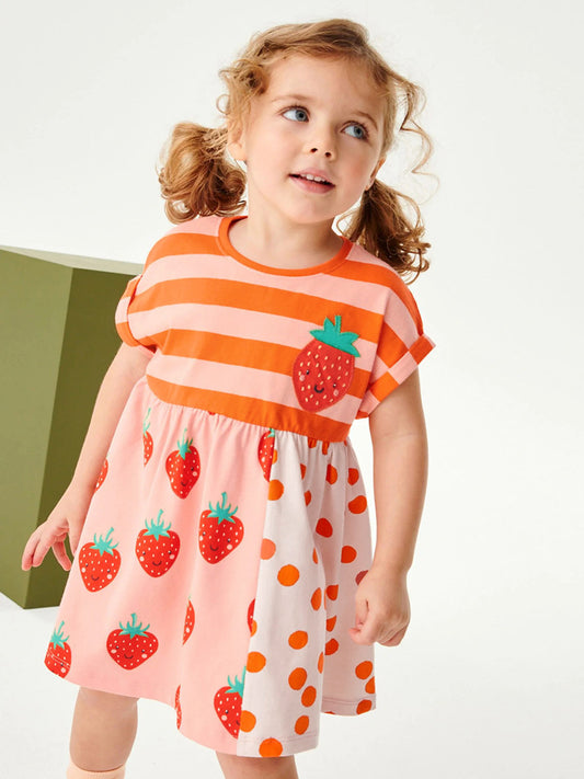 Summer Arrival Girls Short Sleeves Striped Strawberry Print Dress, MyKids-USA®, Baby & Toddler Dresses, MyKids-USA -  -  -  -  -  -  - 