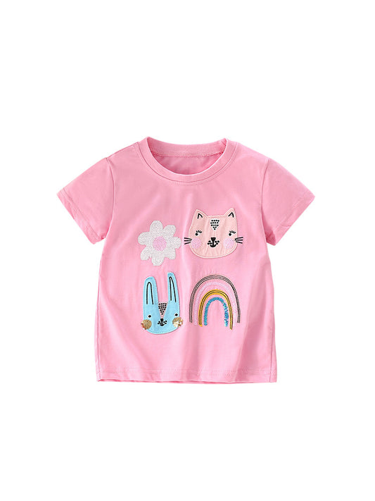 Girls’ Cartoon Pattern Short Sleeves T-Shirt In European And American Style For Summer