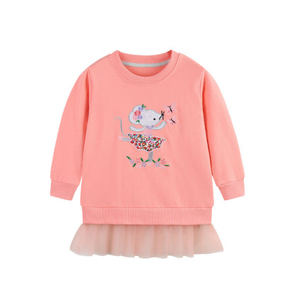 Autumn and Spring Arrival Embroidered Pattern Long Sleeves Pullover with Tulle Decoration for Stylish Girls