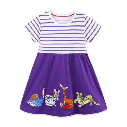 Summer Arrival Colorful Animals Pattern Short Sleeves Striped Dress for Stylish Girls, MyKids-USA®, Baby & Toddler Dresses, MyKids-USA - Size/Age - 90 (12-24M) - Color - Purple -  -  - TR2505232034-A