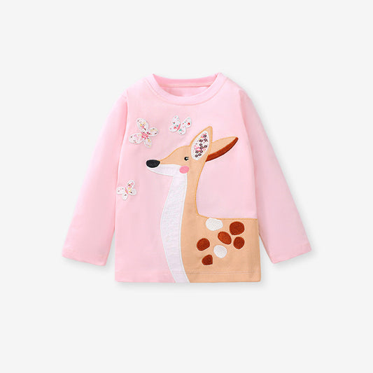 Baby Girls Kids Deer Cartoon Embroidery Long Sleeve Top Pullover