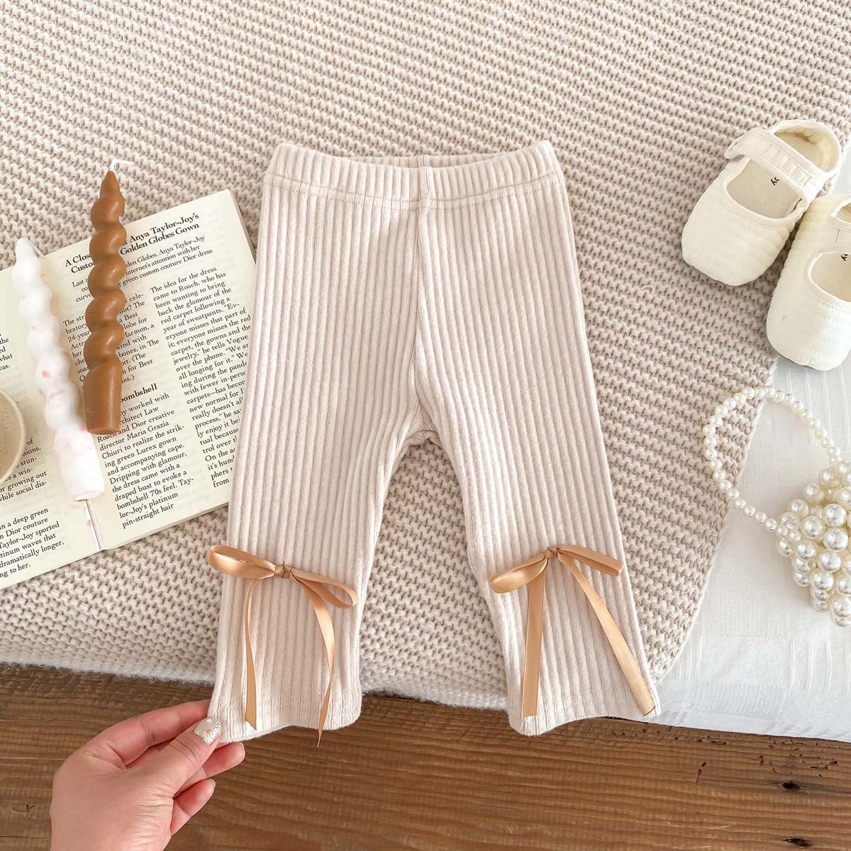 Spring Baby Girls Elastic Double Bow Decorated Striped Pattern Pants
