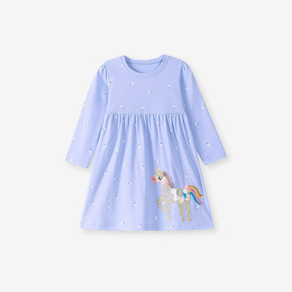 Autumn Arrival Cartoon Horse and Flowers Pattern Long Sleeves Crew Neck Dress for Stylish Girls, MyKids-USA®, Baby & Toddler Dresses, MyKids-USA - Size/Age - 90 (12-24M) - Color - Blue -  -  - TR2507122206-A