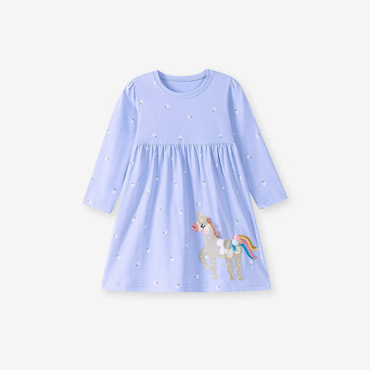 Autumn Arrival Cartoon Horse and Flowers Pattern Long Sleeves Crew Neck Dress for Stylish Girls, MyKids-USA®, Baby & Toddler Dresses, MyKids-USA - Size/Age - 90 (12-24M) - Color - Blue -  -  - TR2507122206-A