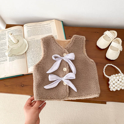 Ins Infant Baby Girls Sweet Cute Sleeveless V Neck Single Breasted Sweater Vest With Bows