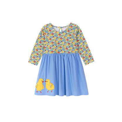Autumn and Spring Arrival Animals Cartoon and Floral Pattern Long Sleeves Color Patchwork Dress for Stylish Girls, MyKids-USA®, Baby & Toddler Dresses, MyKids-USA -  -  -  -  -  -  - 
