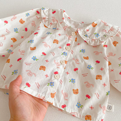 Spring and Autumn Baby Kids Girls Long Sleeves Cartoon Pattern Top and Pink Sleeveless Rompers Clothing Set