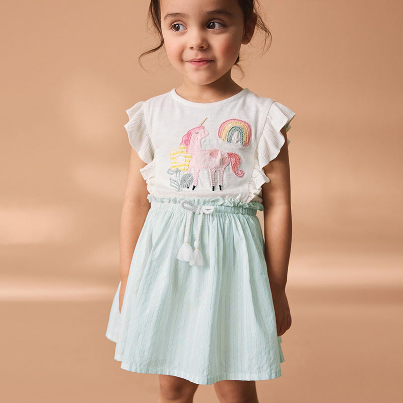 Summer Arrival Cartoon and Stripe Pattern Fly Sleeves Dress for Stylish Girls, MyKids-USA®, Baby & Toddler Dresses, MyKids-USA - Size/Age - 90 (12-24M) - Color - Light Blue -  -  - TR2503161754-A