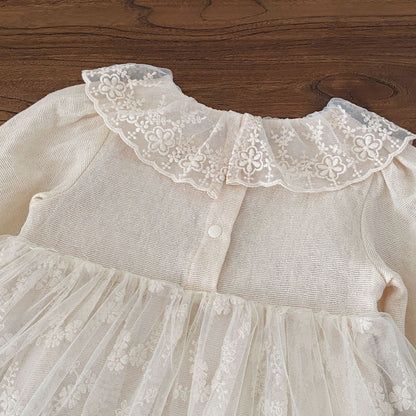 Autumn and Spring Arrival Baby Kids Girls Long Sleeves Flowers Pattern Tulle Decorated Dress