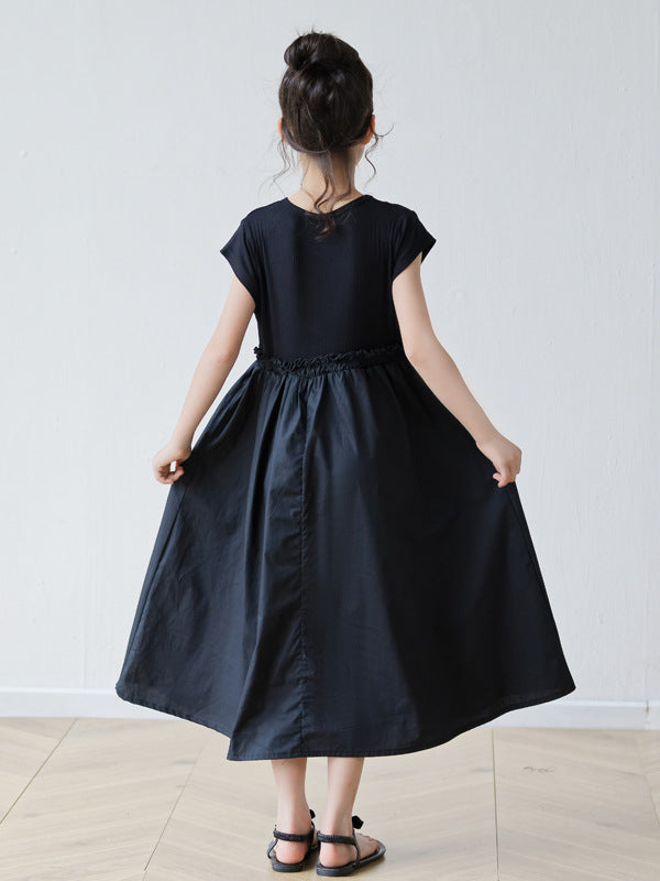 Summer Arrival Short Sleeves Patchwork Design Black Dress for Stylish Girls