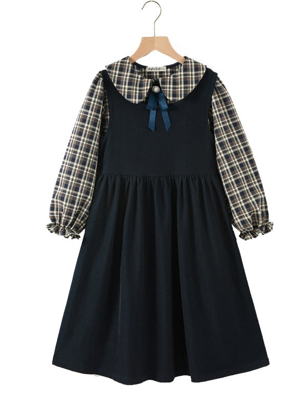 Arrival Autumn Kids Girls Long Sleeves Preppy Plaid Top and Sleeveless Dress Sets