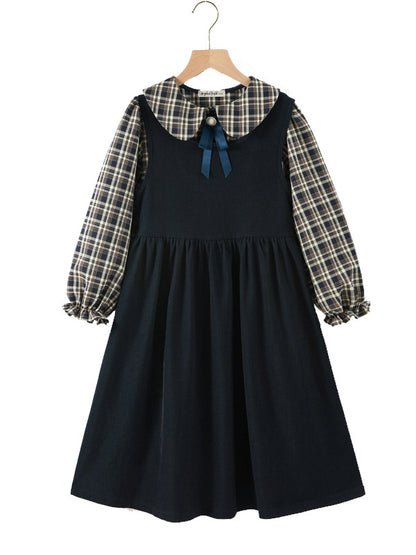 Arrival Autumn Kids Girls Long Sleeves Preppy Plaid Top and Sleeveless Dress Sets