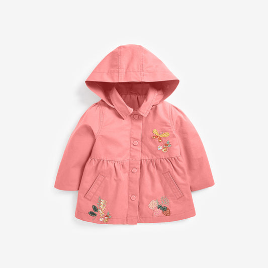 European And American Style Girls’ Outerwear: Hooded Single Breasted Floral Jacket With Long Sleeves For Children